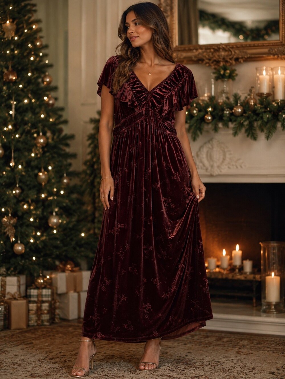 EYESHADOW Velvet Floral Jacquard Maxi Dress Womens Plus 2X Burgundy Empire Boho